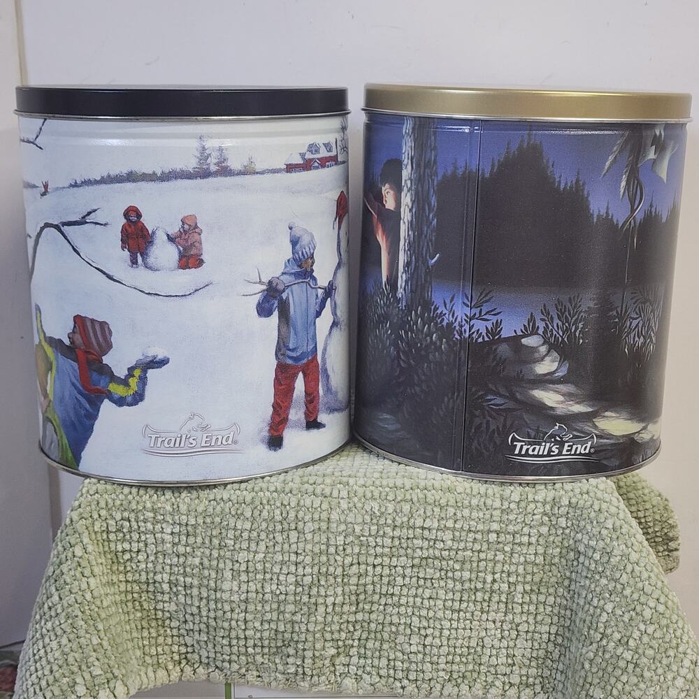 Set of 2 Trails End Metal Storage Tins Winter Scene Decorative Canisters campimg